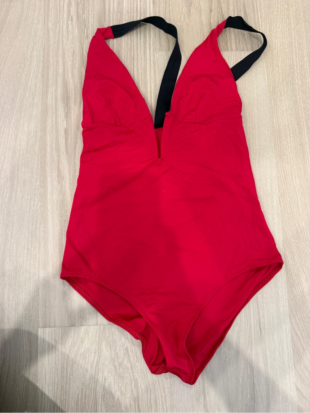 Plunge One-Piece Swimsuit in Red with Black Straps